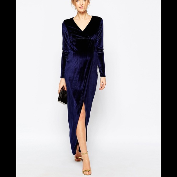 Club l maternity blue velvet long sleeve maxi dres